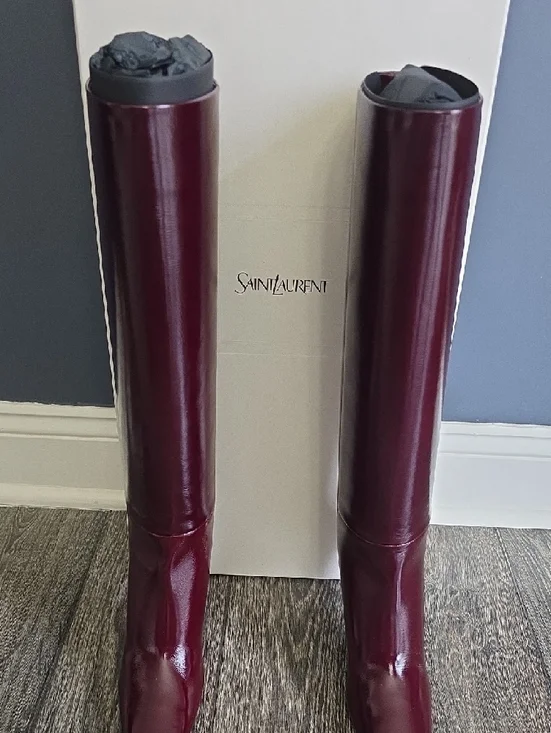 Saint Laurent Burgundy Leather Over-the-Knee Pointed-Toe Boots - Picture 12 of 14